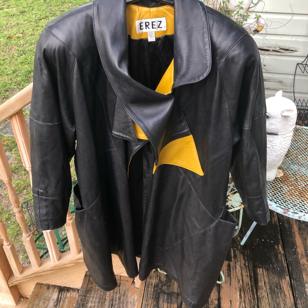 Erez Leather Jacket Coat Sz 8 Black Gold Asymmetrical Collar Vintage 80s 90s